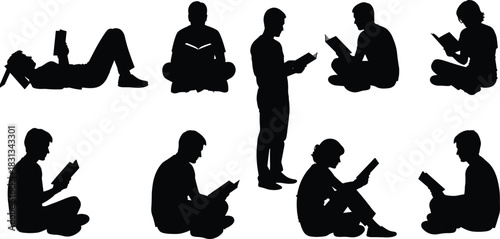 Collection of diverse people silhouettes reading, studying, and relaxing with books in various poses, illustrating education and learning
