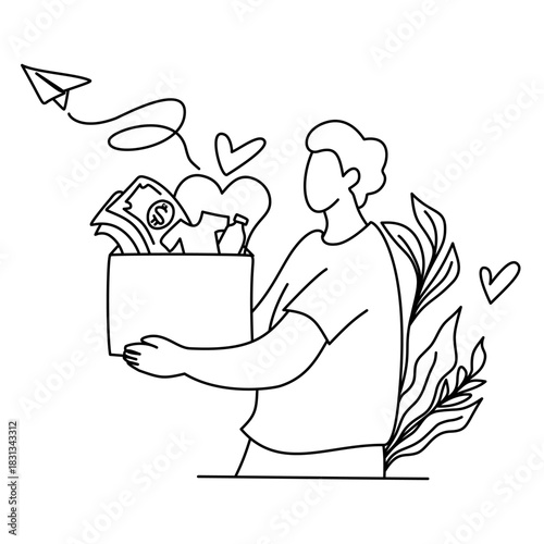 Person Carrying Donation Box with Money, Clothes, and Love Symbols.