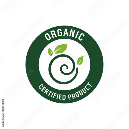 Organic Certified Product logo with green leaves and a swirl design on a white background, enclosed in a dark green circle.