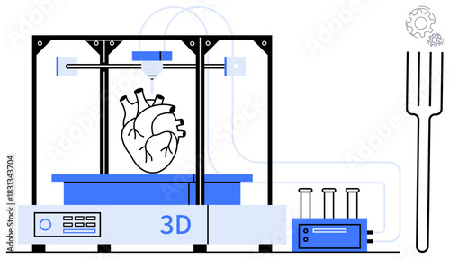 3D printer crafting an anatomical heart alongside laboratory tools, tubes, and gears. Ideal for biotechnology, healthcare innovation, organ printing, medical research, futuristic design, technology