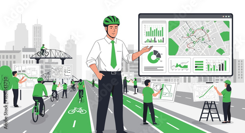 Sustainable urban planning illustration featuring cycling infrastructure initiative