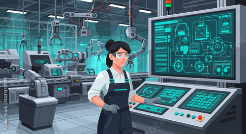 A skilled female engineer oversees automated production line controls process