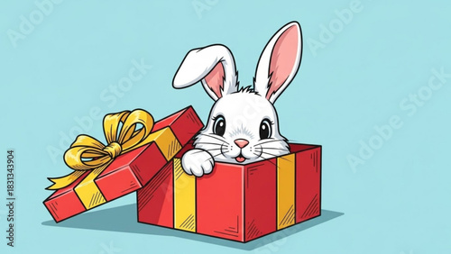 Cute white bunny rabbit peeking out of a bright red gift box with a yellow ribbon against a light blue background, charming illustration for holiday or surprise concept