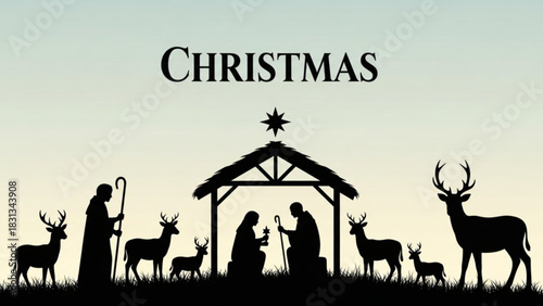 Silhouette illustration of the nativity scene with mary joseph baby jesus shepherds and deer under a star on a pale sky background with the word christmas above