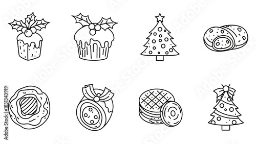 Collection of eight cute handdrawn black and white outline icons representing various christmas holiday sweet food dessert pastry and tree elements