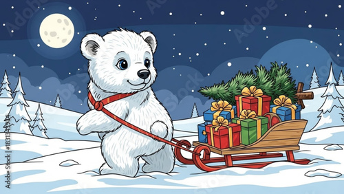 Cute cartoon polar bear pulling a wooden sleigh loaded with wrapped christmas presents and a fir tree under a snowy night sky with a full moon