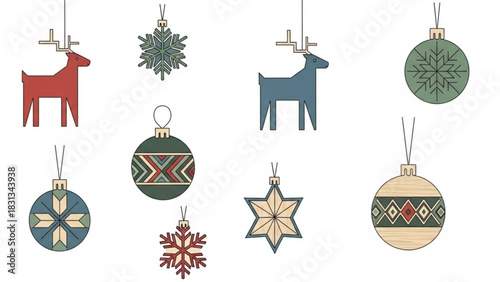 Collection of scandinavian style christmas ornament illustrations featuring reindeer, snowflake, and geometric pattern baubles