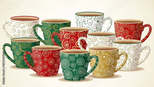 Collection of ten colorful ceramic coffee mugs with intricate swirl pattern in shades of red, green, and white, perfect for a cozy beverage