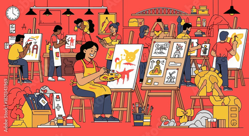 Creative minds in harmony inside of a colorful art studio during a painting class