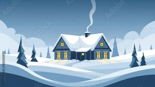 Cozy winter landscape illustration featuring a snowcovered cabin with warm light glowing from the windows and smoke rising from the chimney amidst snowy hills and pine trees