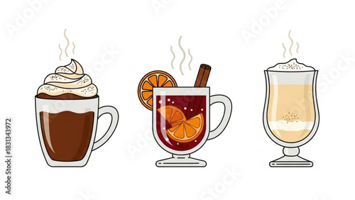 Set of three steaming hot winter holiday beverages in glass mugs, including hot chocolate with whipped cream, mulled wine with orange slice and cinnamon stick, and eggnog