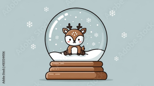 Cute cartoon baby deer sitting inside a snow globe with falling snowflakes, charming winter holiday illustration with a gentle fawn character