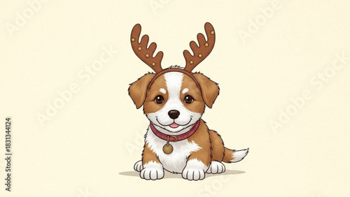 Adorable cartoon illustration of a cute puppy wearing reindeer antlers, perfect for holiday greetings and christmas themes, a sweet animal portrait