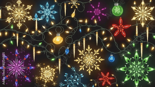 Vibrant collection of glowing christmas holiday string lights featuring colorful snowflake ornaments, star shapes, and icicle decorations against a dark background