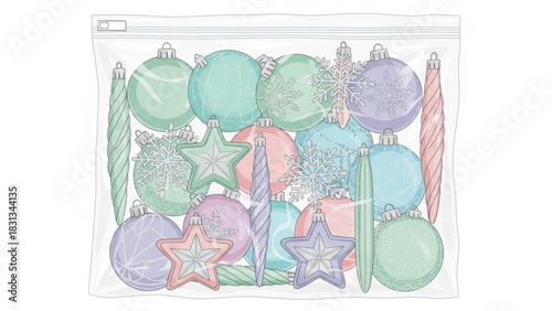 Collection of assorted pastel colored christmas tree ornaments stored neatly inside a clear plastic ziptop storage bag