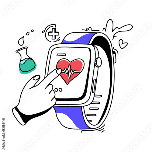 Digital Health: Smartwatch Displaying Heartbeat with Hand Interaction and Medical Elements