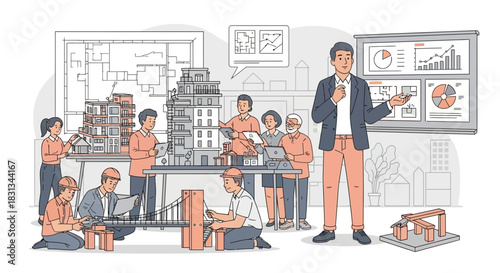 Architectural design team brainstorming in studio with presentation board