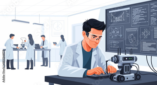 Innovation hub, researchers conducting advanced scientific research and development