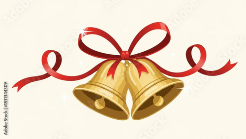 Two golden wedding bells tied together with a bright red ribbon and bow, perfect for symbolizing marriage, celebration, and festive occasions