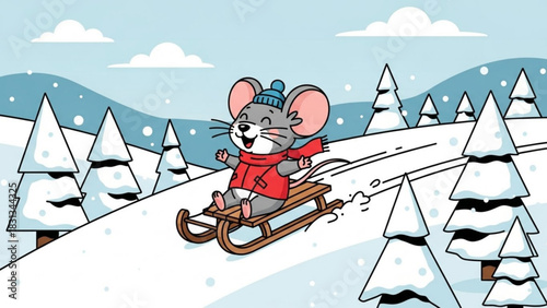 Cute cartoon mouse wearing a red jacket and blue hat happily sledding down a snowy hill surrounded by snowcovered fir trees under a winter sky