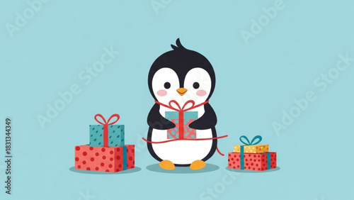 Cute cartoon baby penguin holding a wrapped gift box surrounded by presents illustration on light blue background for holiday celebration or birthday concept