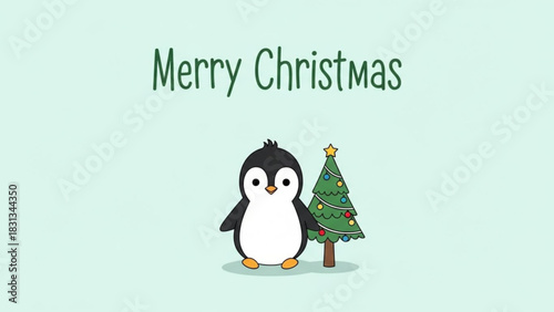 Cute cartoon penguin standing next to a decorated christmas tree with the text merry christmas written above in a simple, light green background illustration
