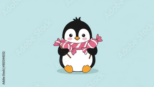 Cute cartoon baby penguin wearing a pink and white striped candy cane scarf, standing against a light blue background, adorable winter animal illustration