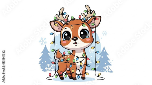 Cute cartoon baby reindeer fawn tangled in colorful christmas holiday string lights with big eyes, , perfect for winter season greeting card design