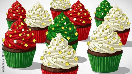 A festive assortment of nine delicious christmas cupcakes with red, green, and white frosting and star sprinkles