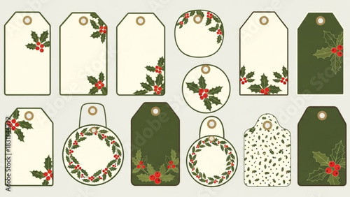Collection of various christmas gift tags and labels featuring holly berry and wreath designs in green and cream colors, perfect for holiday packaging