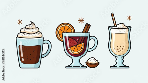 Collection of three festive hot winter beverages in glass mugs, including hot chocolate with whipped cream, mulled wine with orange and cinnamon, and eggnog with straw