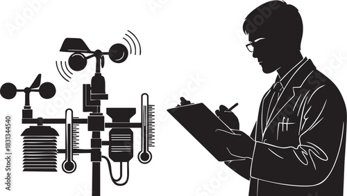 Silhouette of meteorologist taking note near weather station