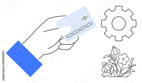 Human hand holding credit card, accompanied by simple gear and flower elements. Ideal for finance, technology, ecology, banking, sustainability, innovation digital industry. Simple flat metaphor