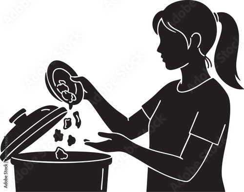 Silhouette of woman throwing food scrap from plate into trash can