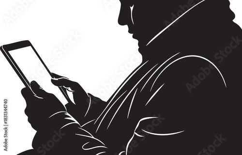 Silhouette of person in hooded coat using a digital tablet