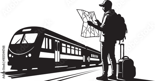Silhouette of traveler with map and luggage near train
