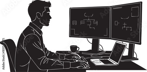 Silhouette of programmer working on dual monitor setup