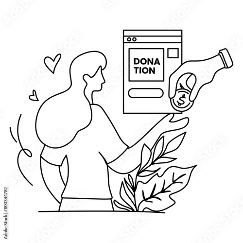 Line art of woman donating money online with hearts and leaves