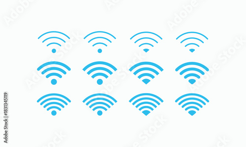 Premium vector pack of WiFi icons in black, white, and blue. Shows varying signal strength for wireless internet network connection symbols. Ideal for apps and web design