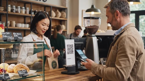 Customer pays with mobile device at coffee shop counter with pastry display