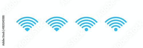 Comprehensive vector pack of WiFi icons in blue and white color options. Shows varying signal strength for wireless internet network symbols. Ideal for apps and web design