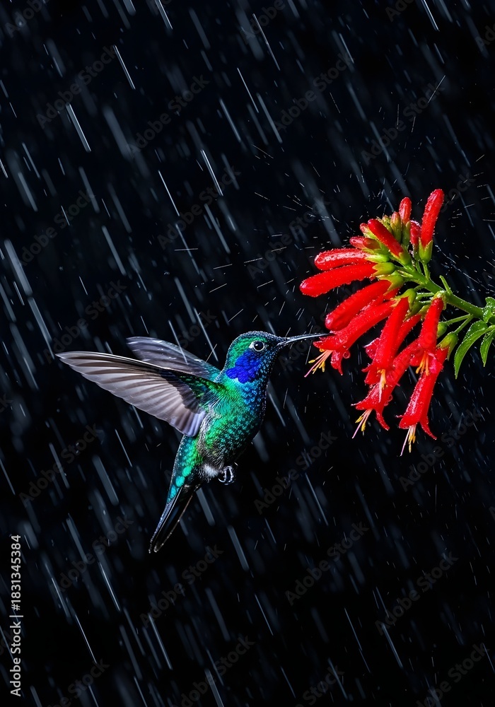 Fototapeta premium Hummingbird in the Rain Seeking Nectar from Vibrant Red Flowers A Display of Natures Resilience and Beauty