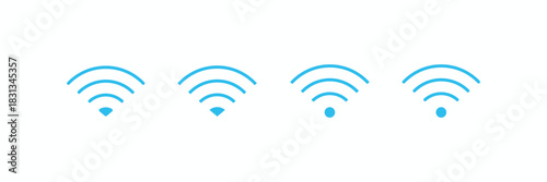 Massive vector pack of WiFi icons. Includes outline, solid, blue, and inverted white styles showing every signal strength level for wireless internet network symbols. Essential for apps and web design