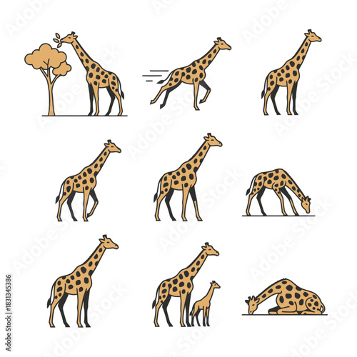 Nine colorful dinosaur icons in cartoon style, featuring T-Rex, Triceratops, Brontosaurus, and Pterodactyl vector set.