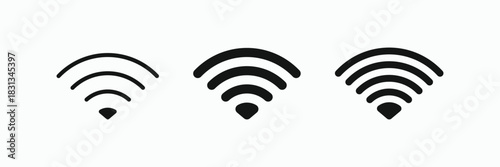 Black Wi-Fi signal strength icon set. Full, medium, and low wireless internet connection or hotspot indicator vector