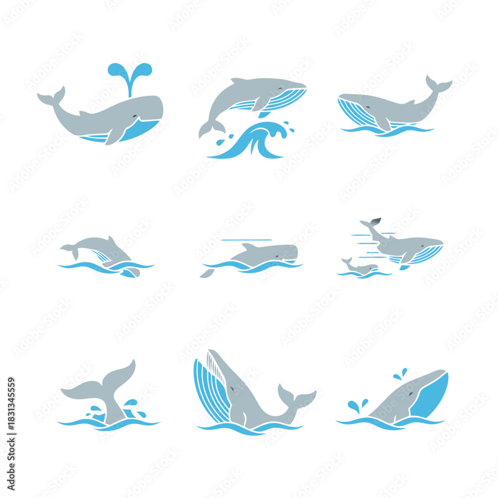 Fototapeta premium Nine black silhouette icons of different deer and elk species, illustrating various poses in a nature setting vector.