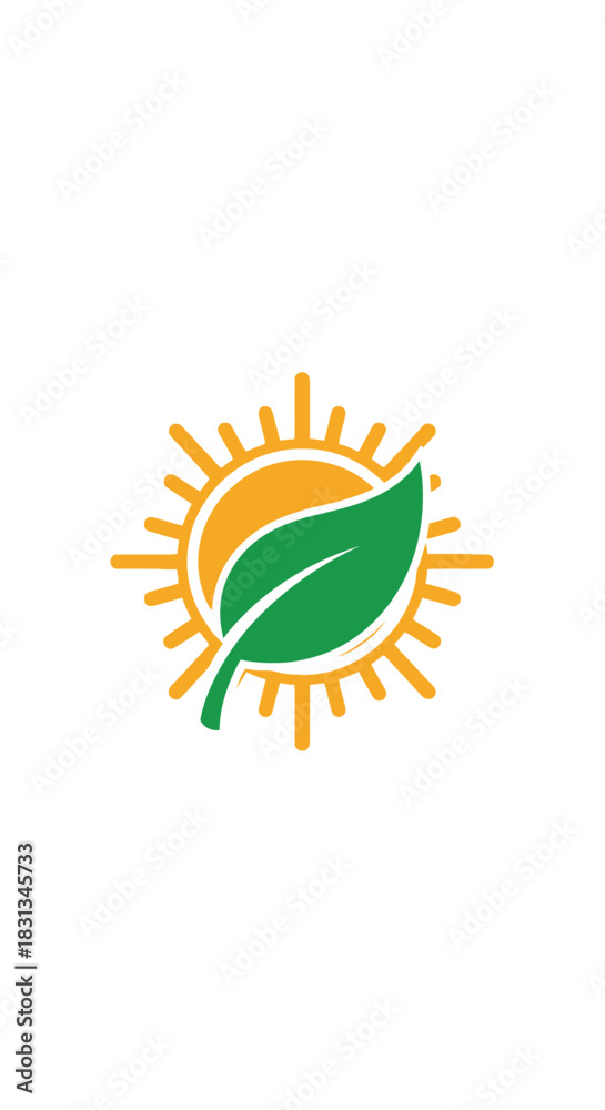 Obraz premium A vibrant green leaf superimposed on a bright orange sun with radiating rays, symbolizing nature and energy.