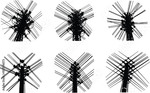 Complex overhead utility pole wires forming abstract radial pattern, high voltage cable structure silhouette, industrial power line network, energy infrastructure illustration