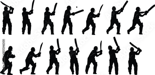 Cricket, silhouette, batting, player, action, sequence, sport, athlete, motion, swing, performance, training, dynamic, movement, illustration, pose, technique, practice, professional, equipment