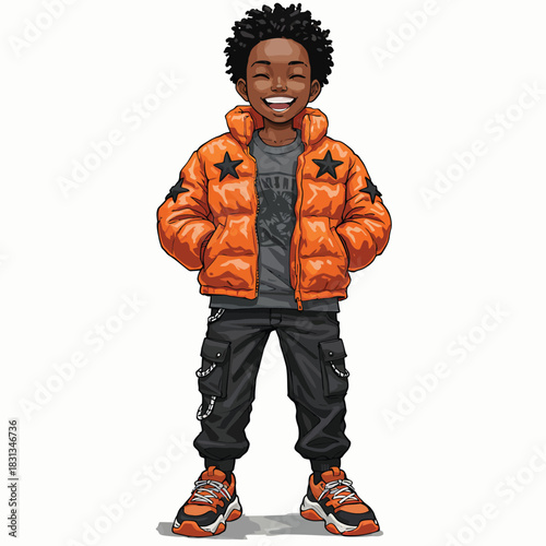 Joyful cartoon Black boy in a stylish orange puffer jacket with black star patches.